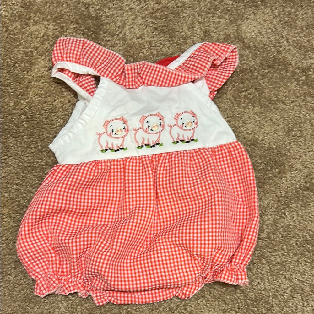 Red Gingham Baby Romper with Pig Design